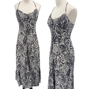 Zara Midi Dress Paisley Printed Halter Neck Button Down Black & White Womens XS